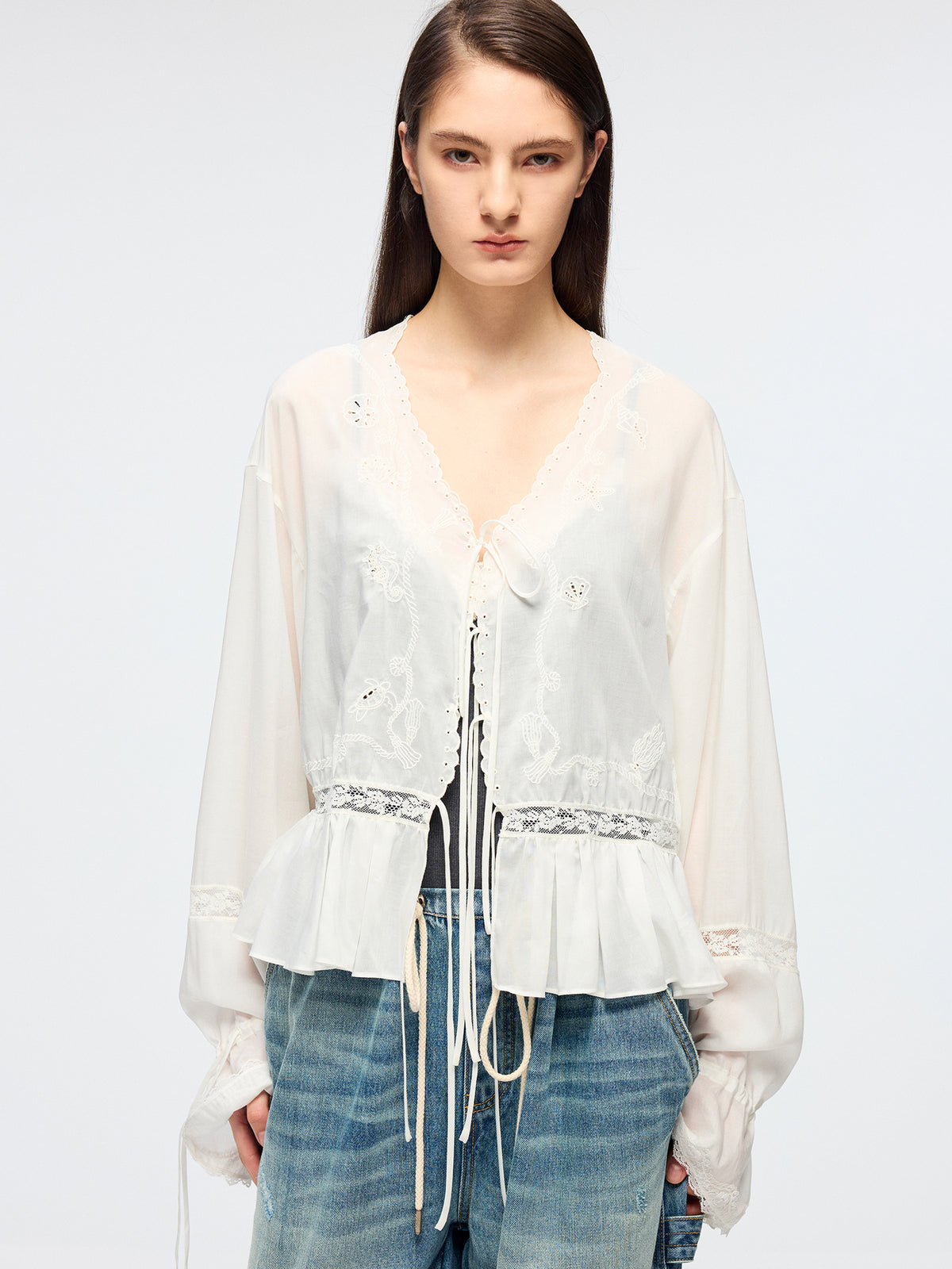 Openwork embroidered tie-front shirt
