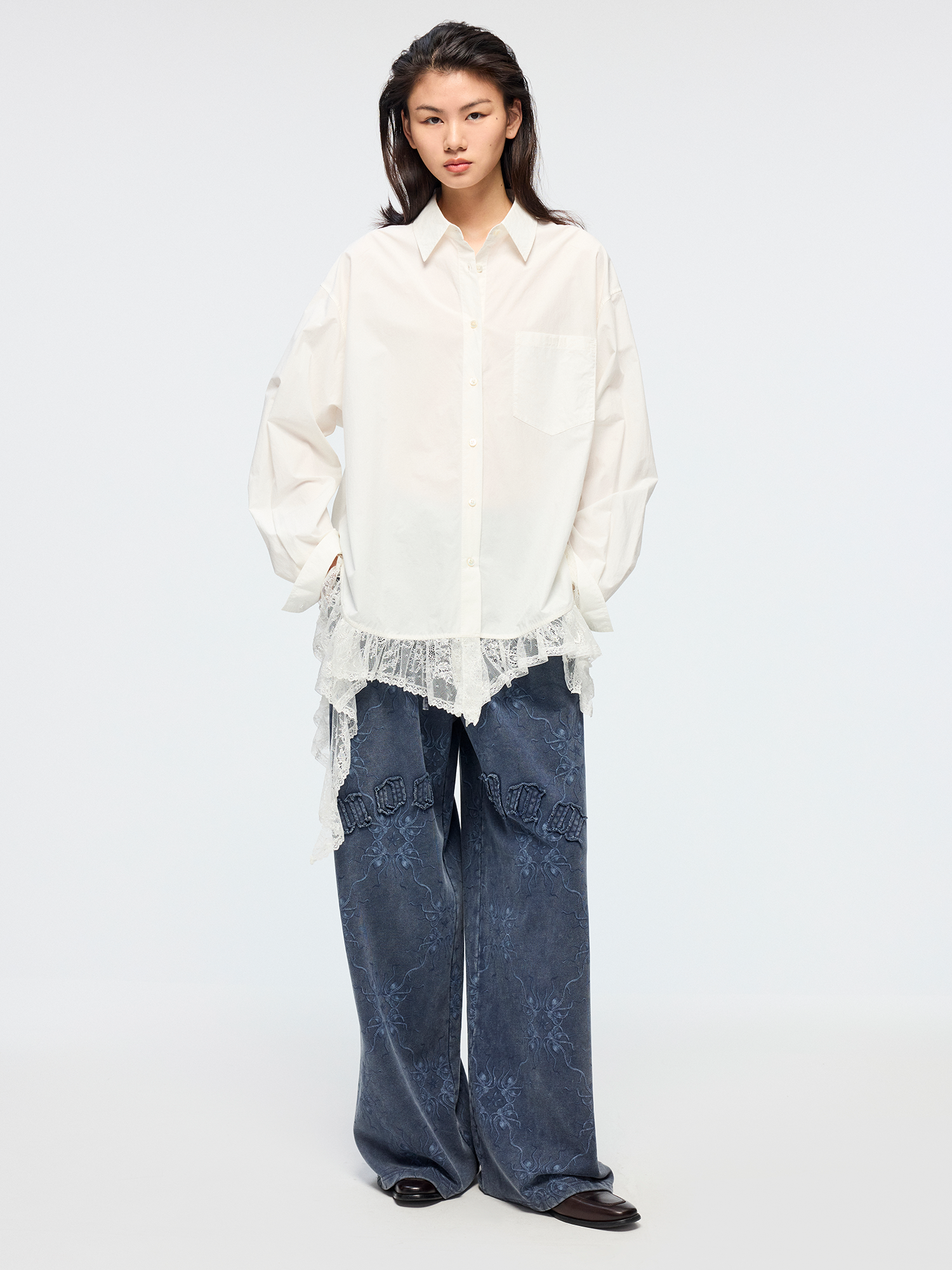 Irregular lace patchwork shirt