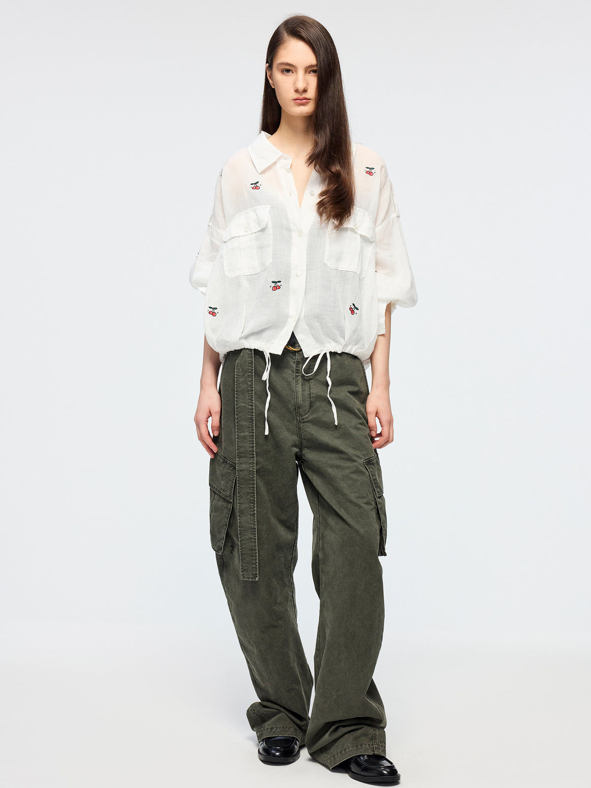 Sporty cherry embroidered utility shirt