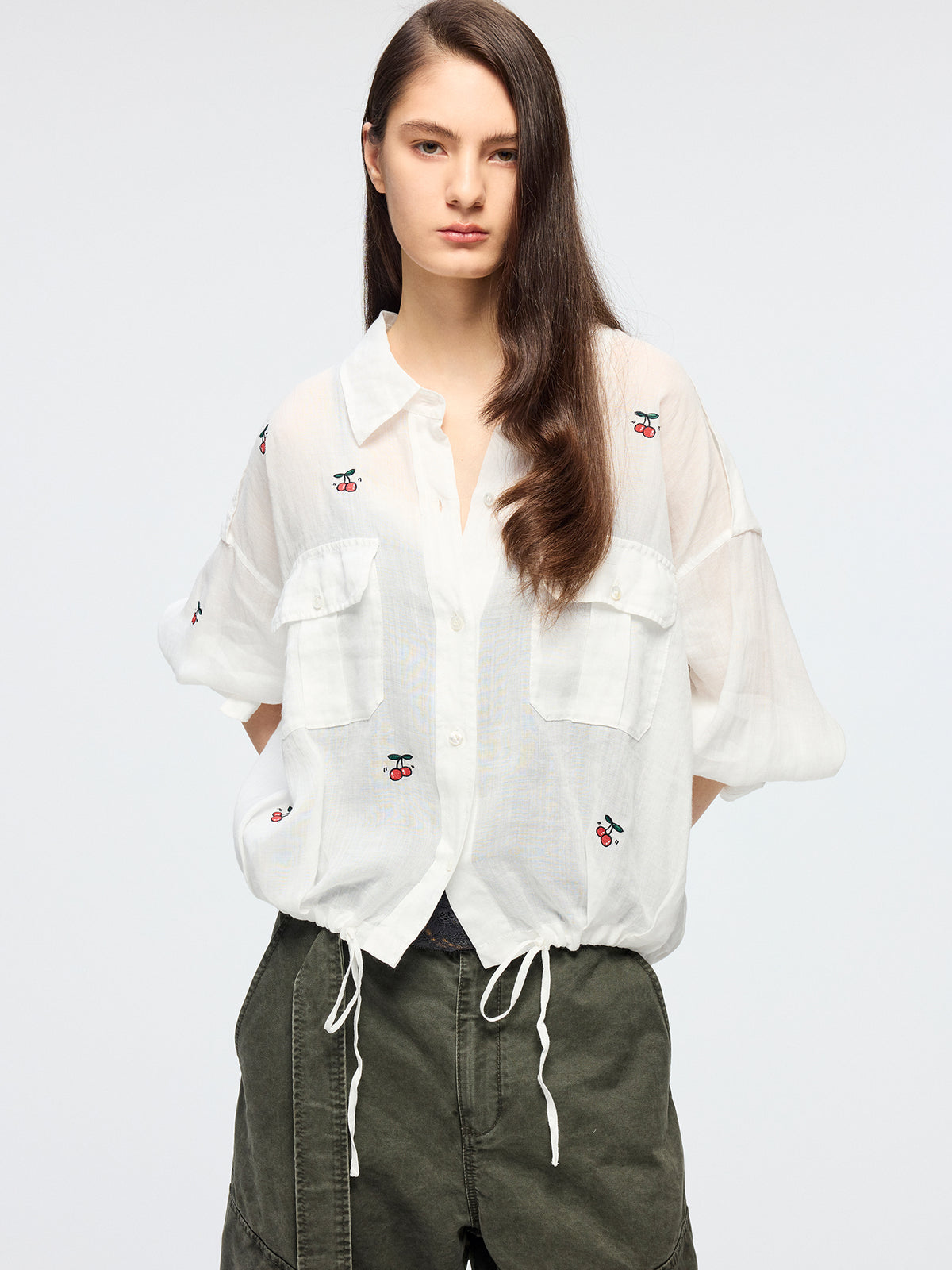 Sporty cherry embroidered utility shirt