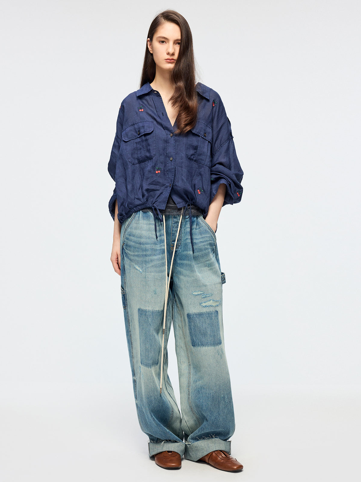 Sporty cherry embroidered utility shirt