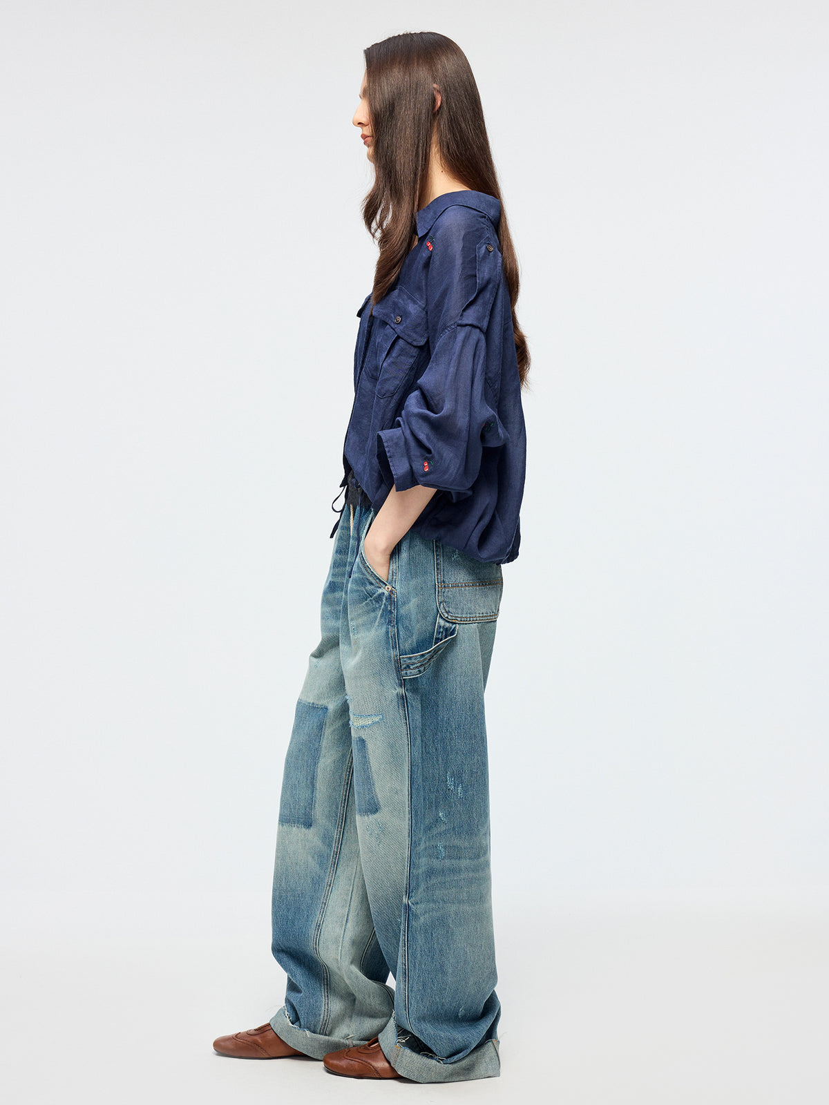 Sporty cherry embroidered utility shirt