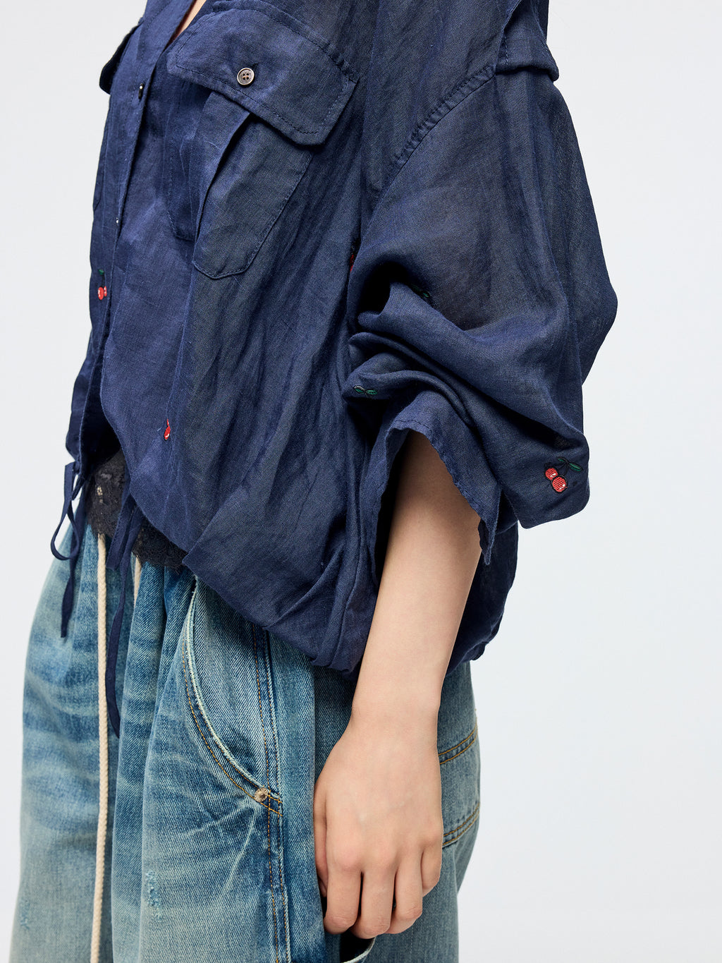 Sporty cherry embroidered utility shirt