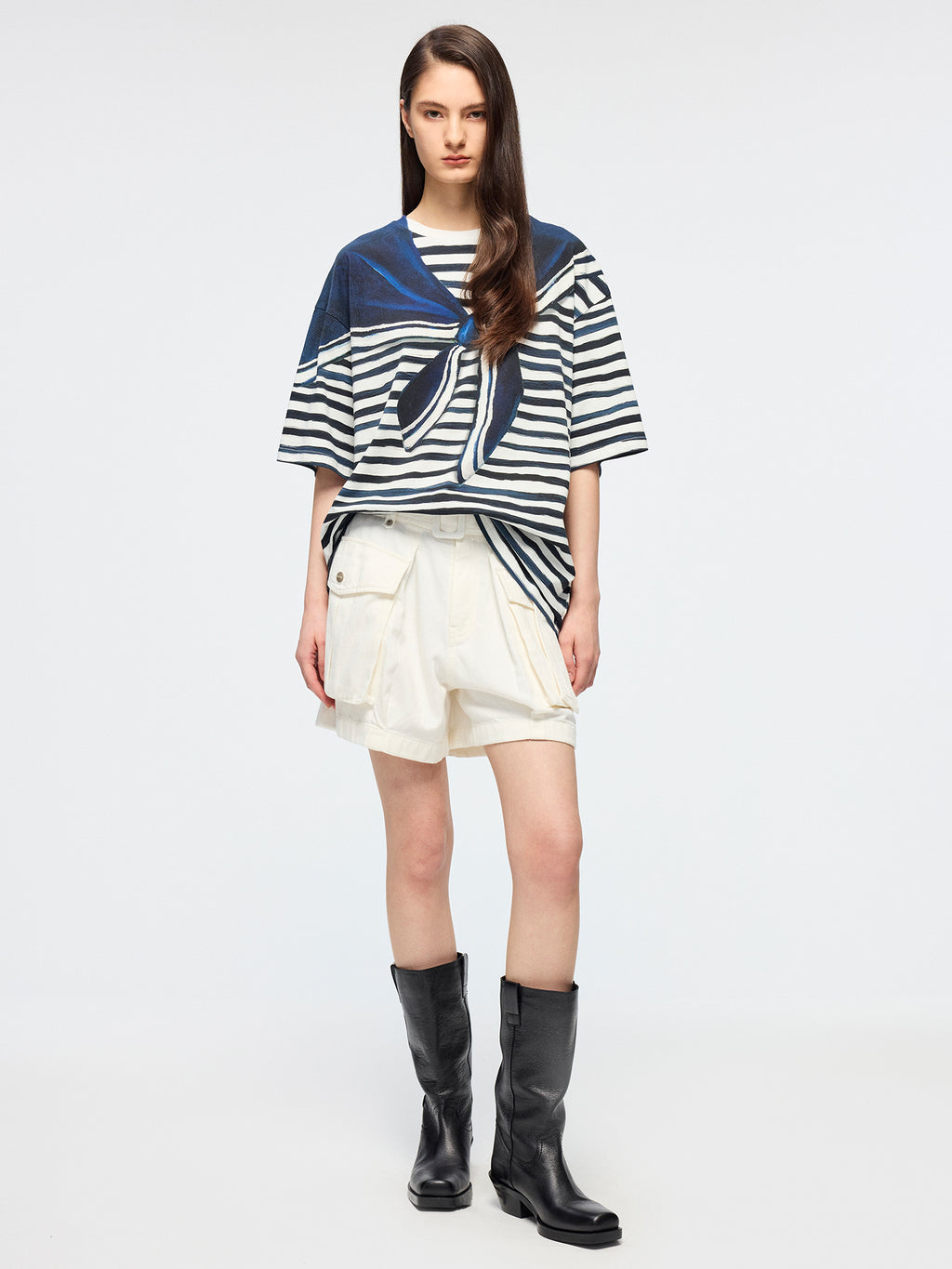Hand-painted sailor collar striped T-shirt