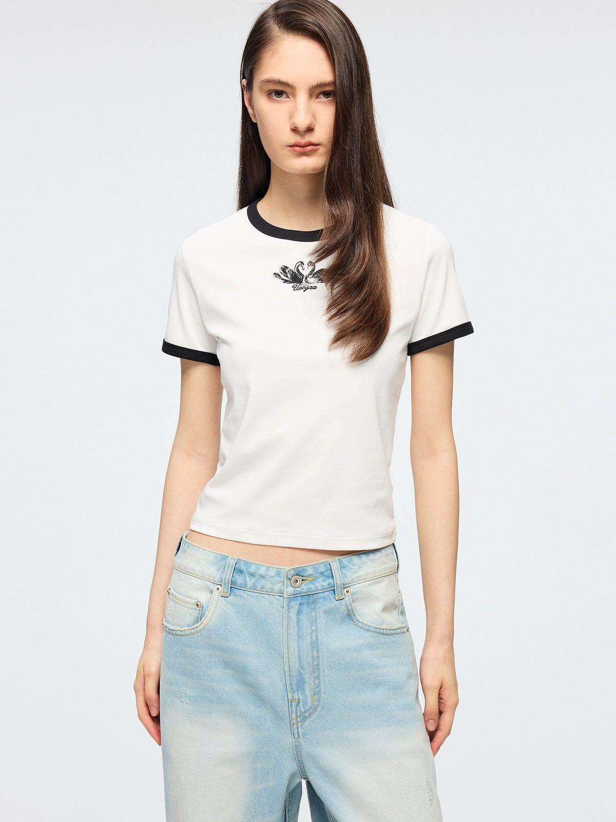 Swan embroidered ringer T-shirt