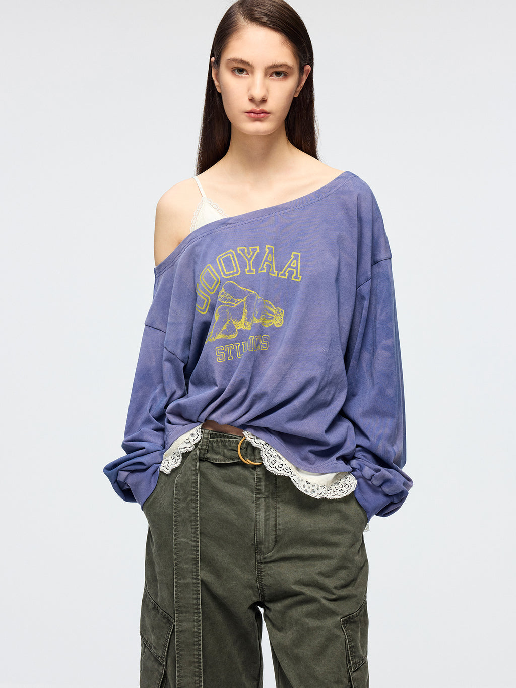 Angel print lace camisole asymmetric T-shirt