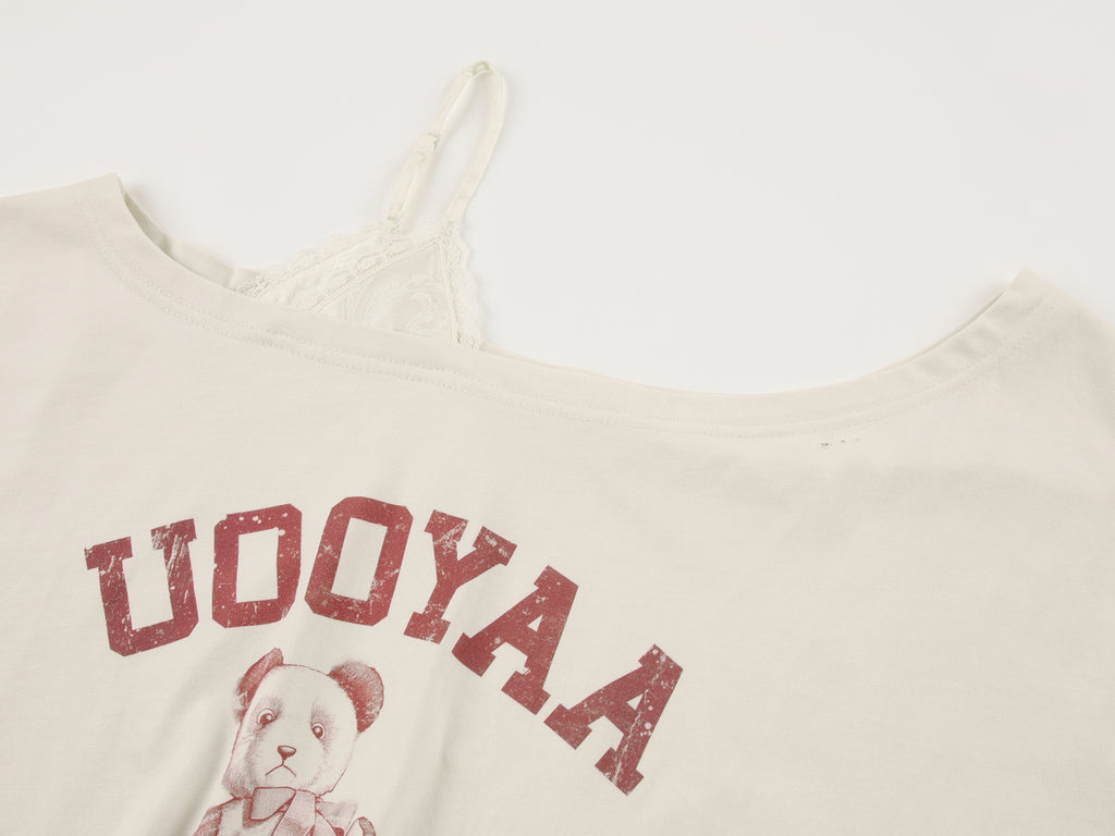 Panda print lace camisole asymmetric T-shirt