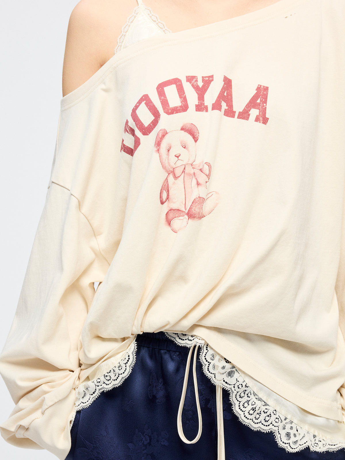 Panda print lace camisole asymmetric T-shirt