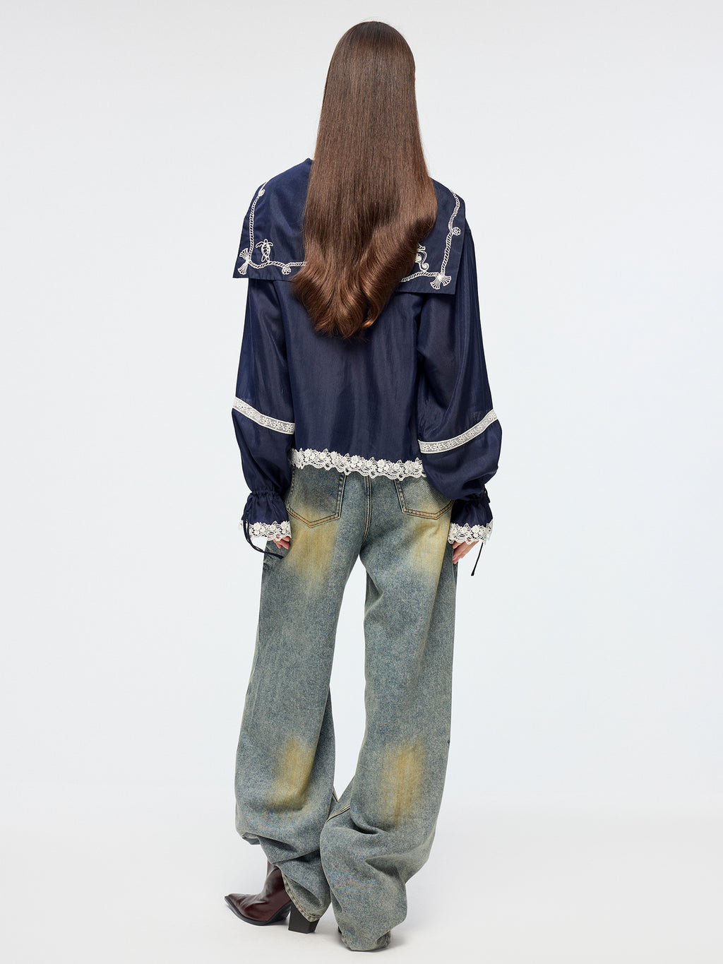 Openwork embroidered sailor collar pullover