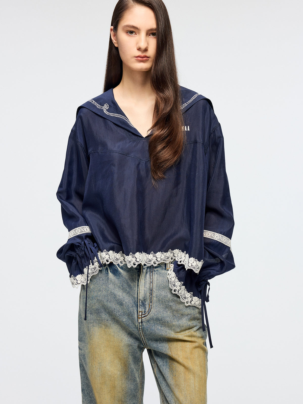 Openwork embroidered sailor collar pullover