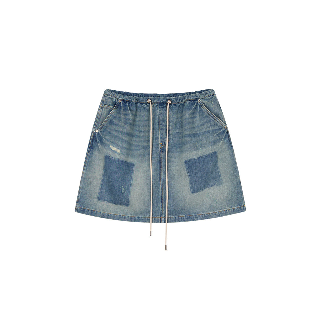 Distressed denim cargo skirt