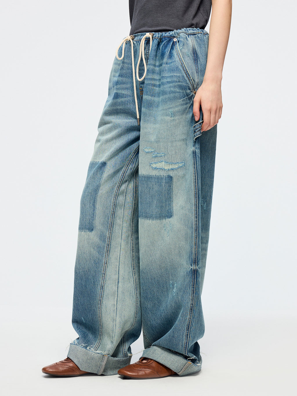 Distressed denim cargo pants