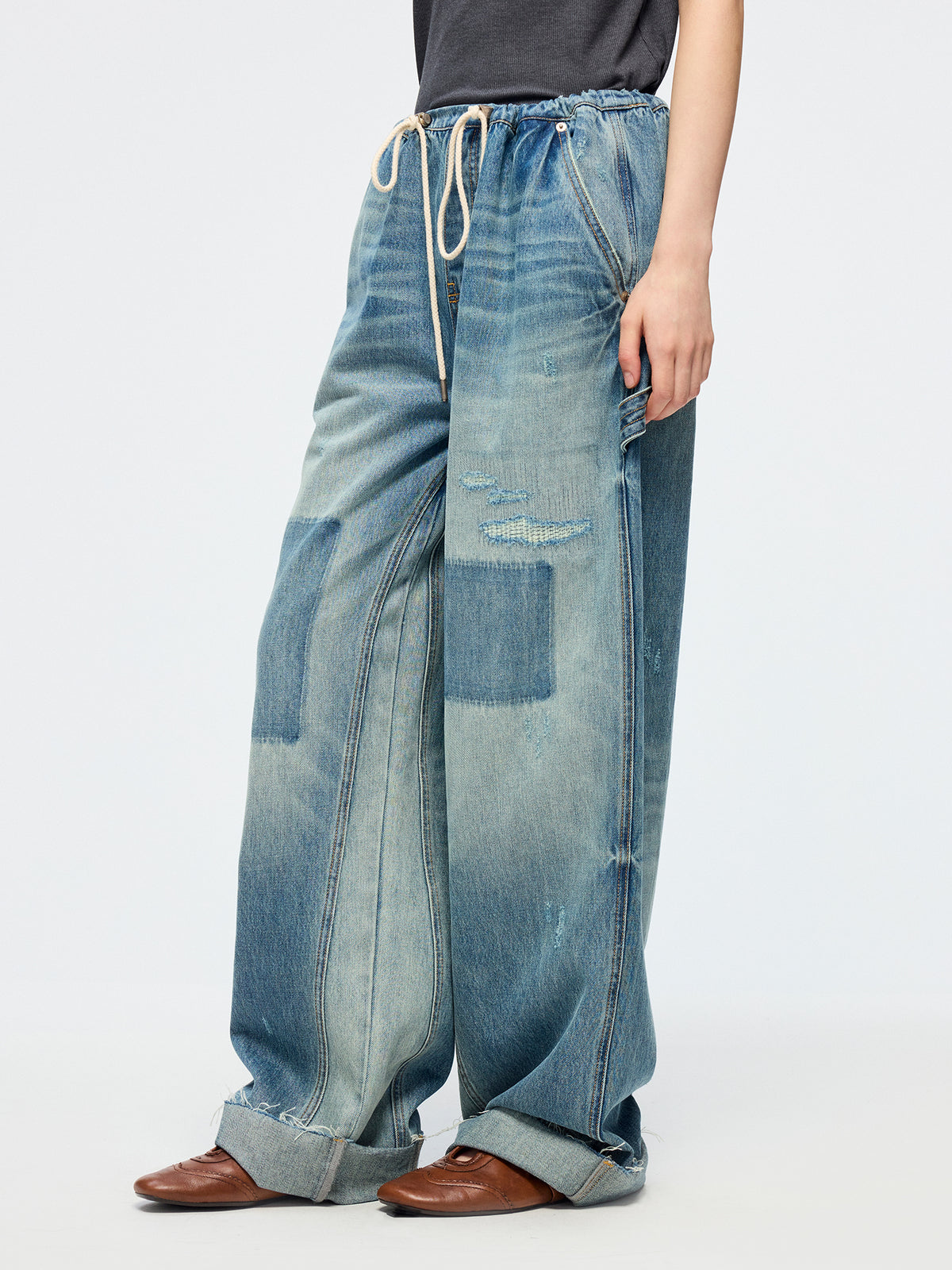 Distressed denim cargo pants