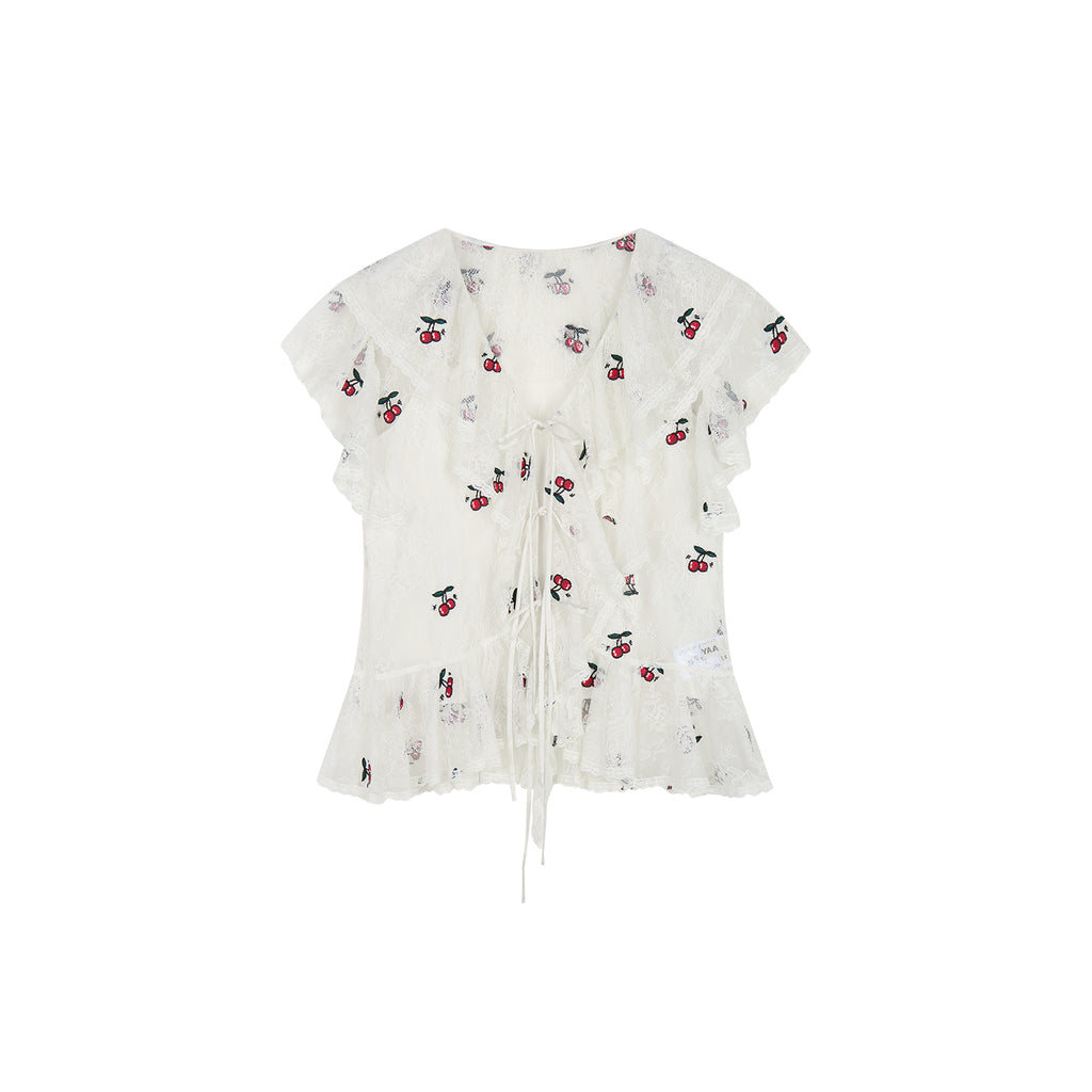 Embroidered sporty cherry lace shirt