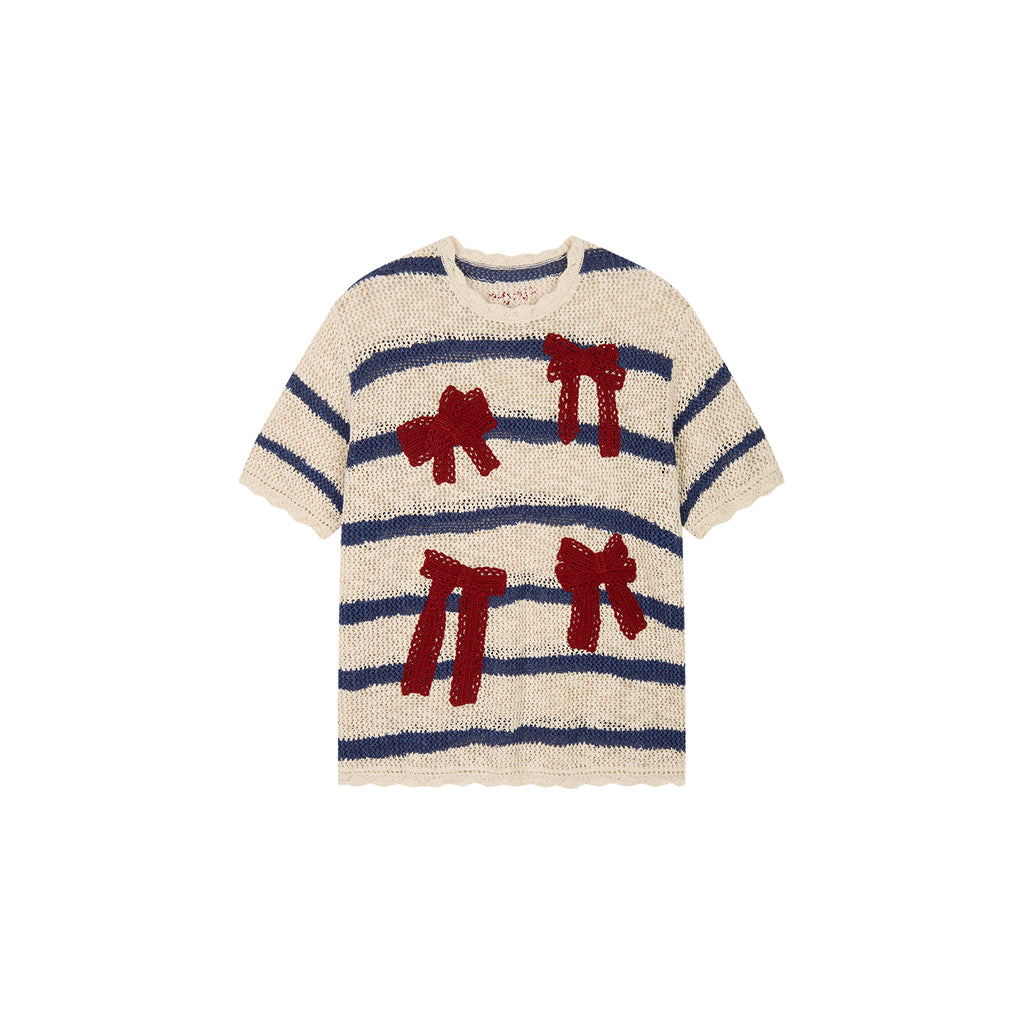 Handcrafted bow striped knit T-shirt