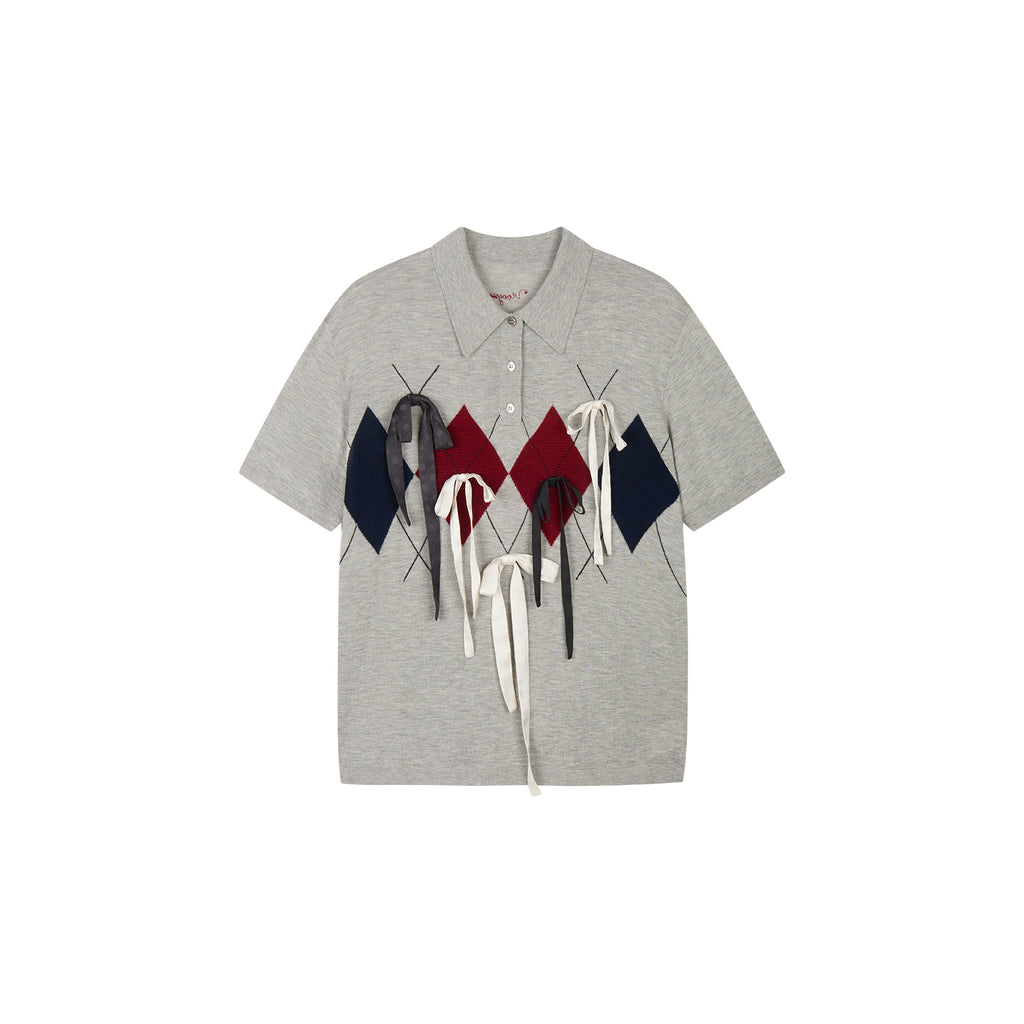 Ribbon bow polo knit T-shirt