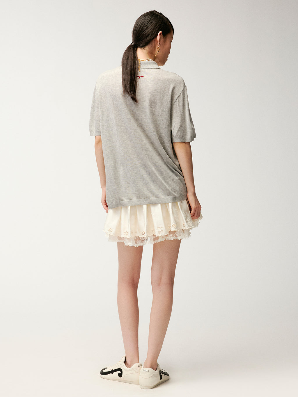 Ribbon bow polo knit T-shirt