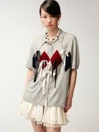 Ribbon bow polo knit T-shirt
