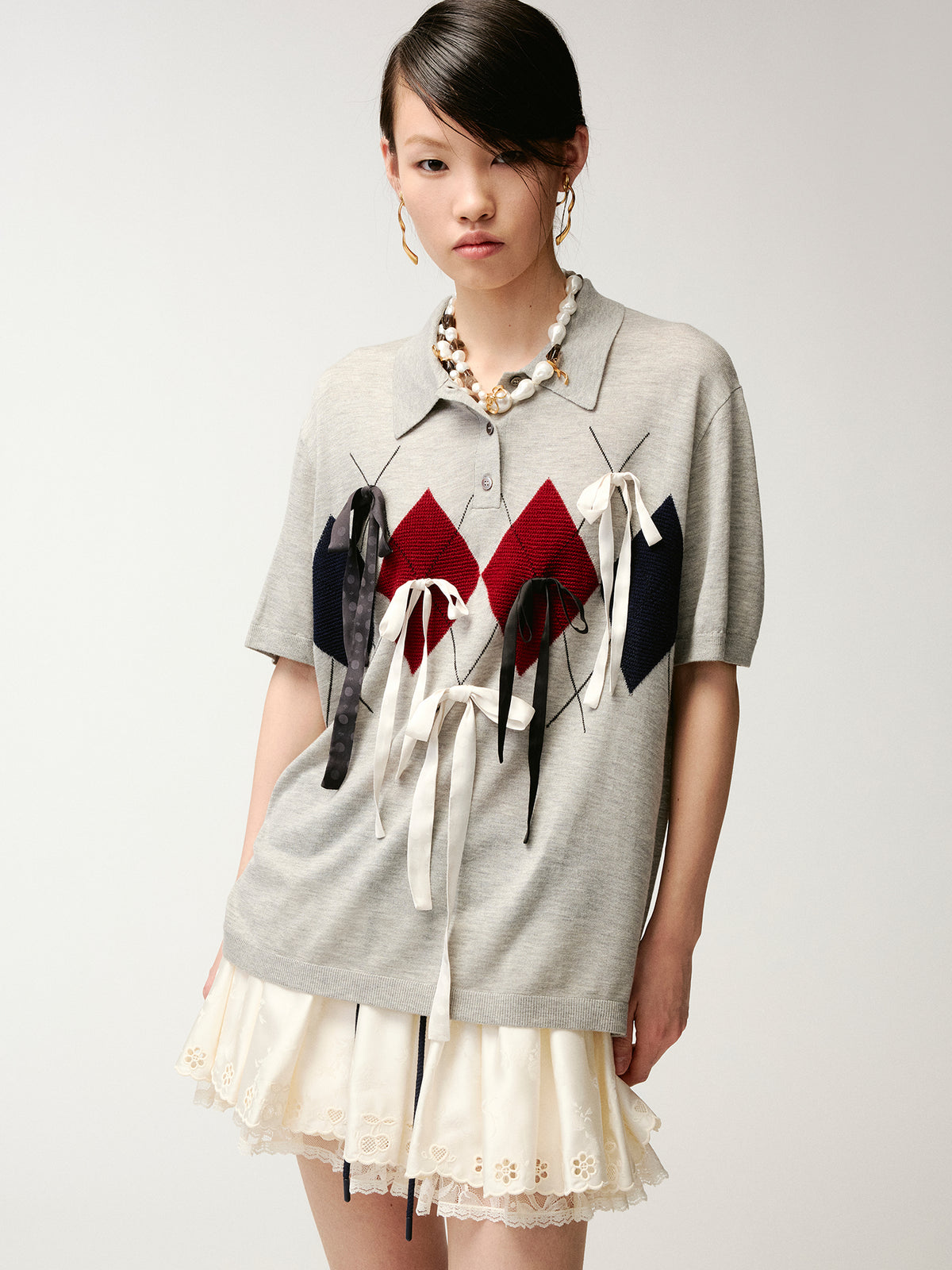 Ribbon bow polo knit T-shirt
