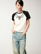 Beaded embroidered vintage necklace raglan T-shirt