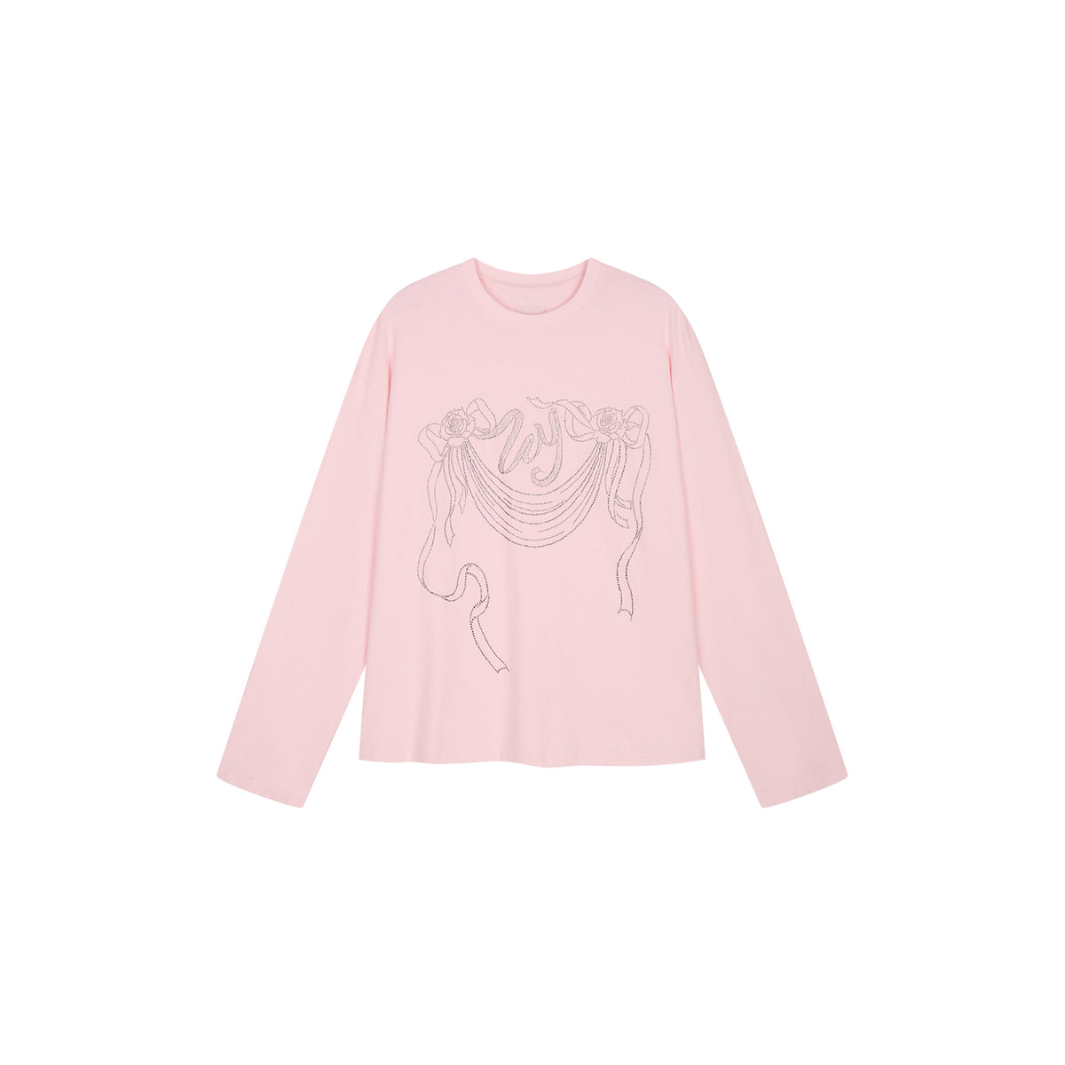 Rhinestone ribbon long sleeve T-shirt