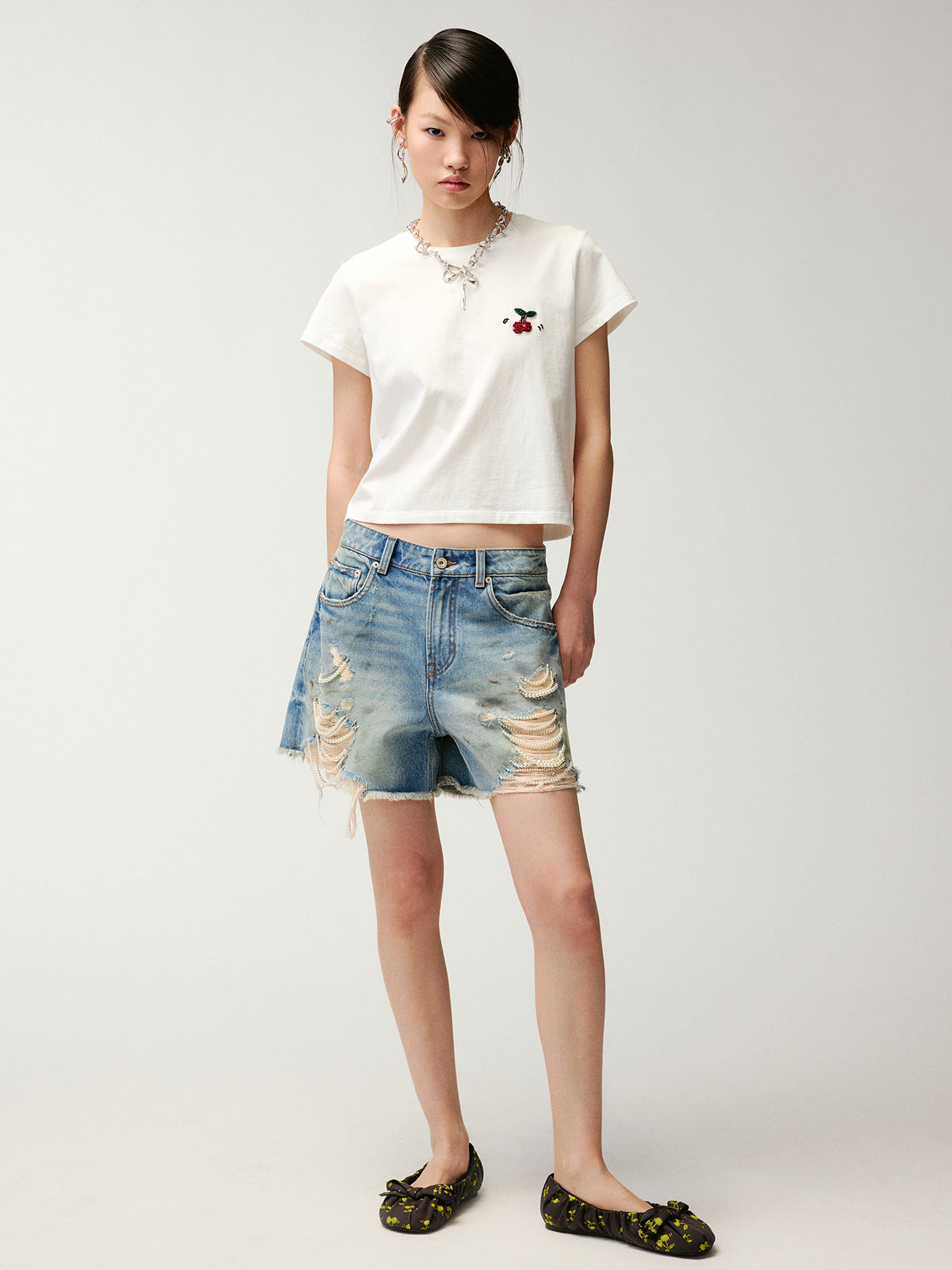 Beaded embroidered sporty cherry T-shirt