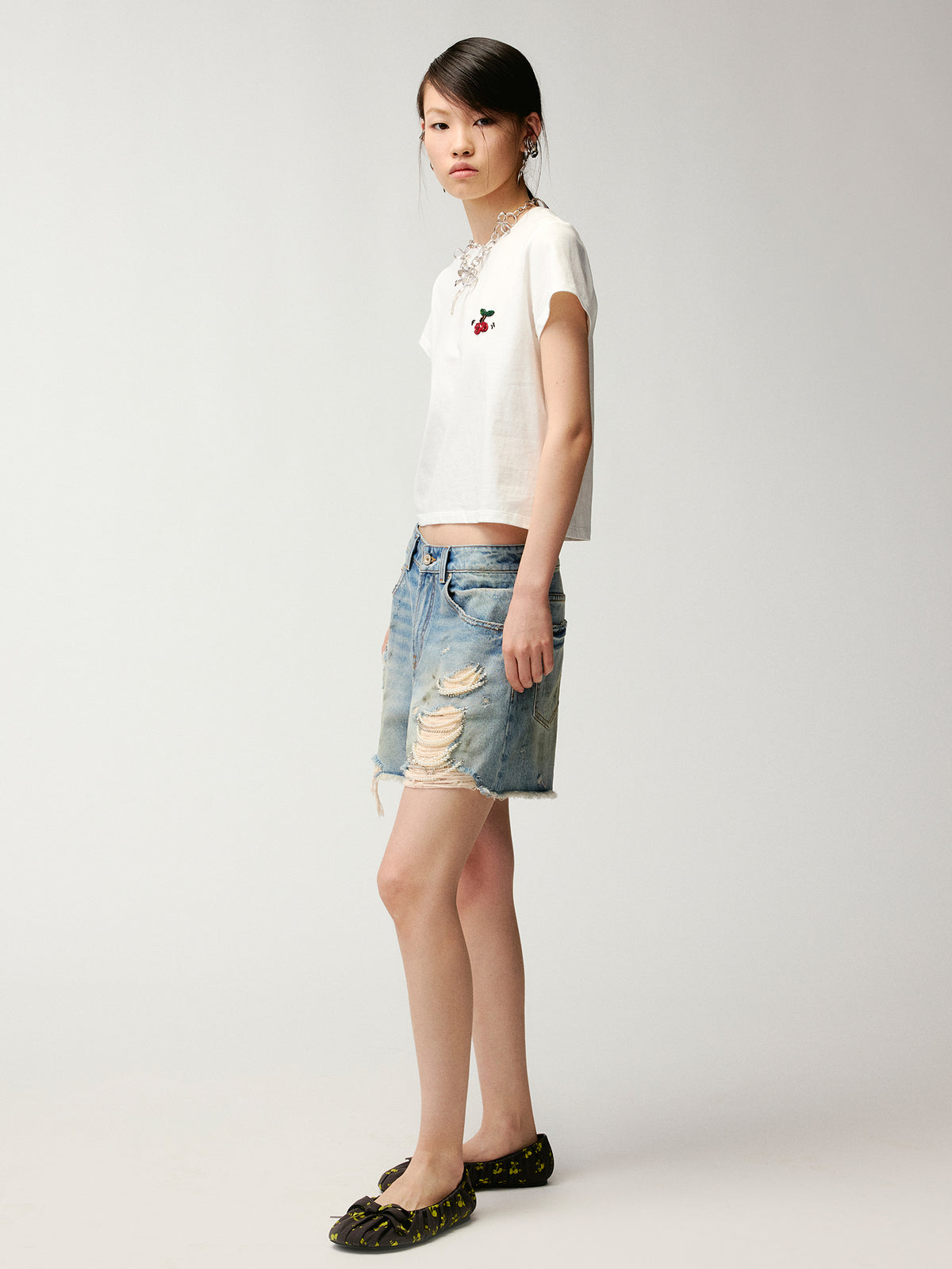 Beaded embroidered sporty cherry T-shirt