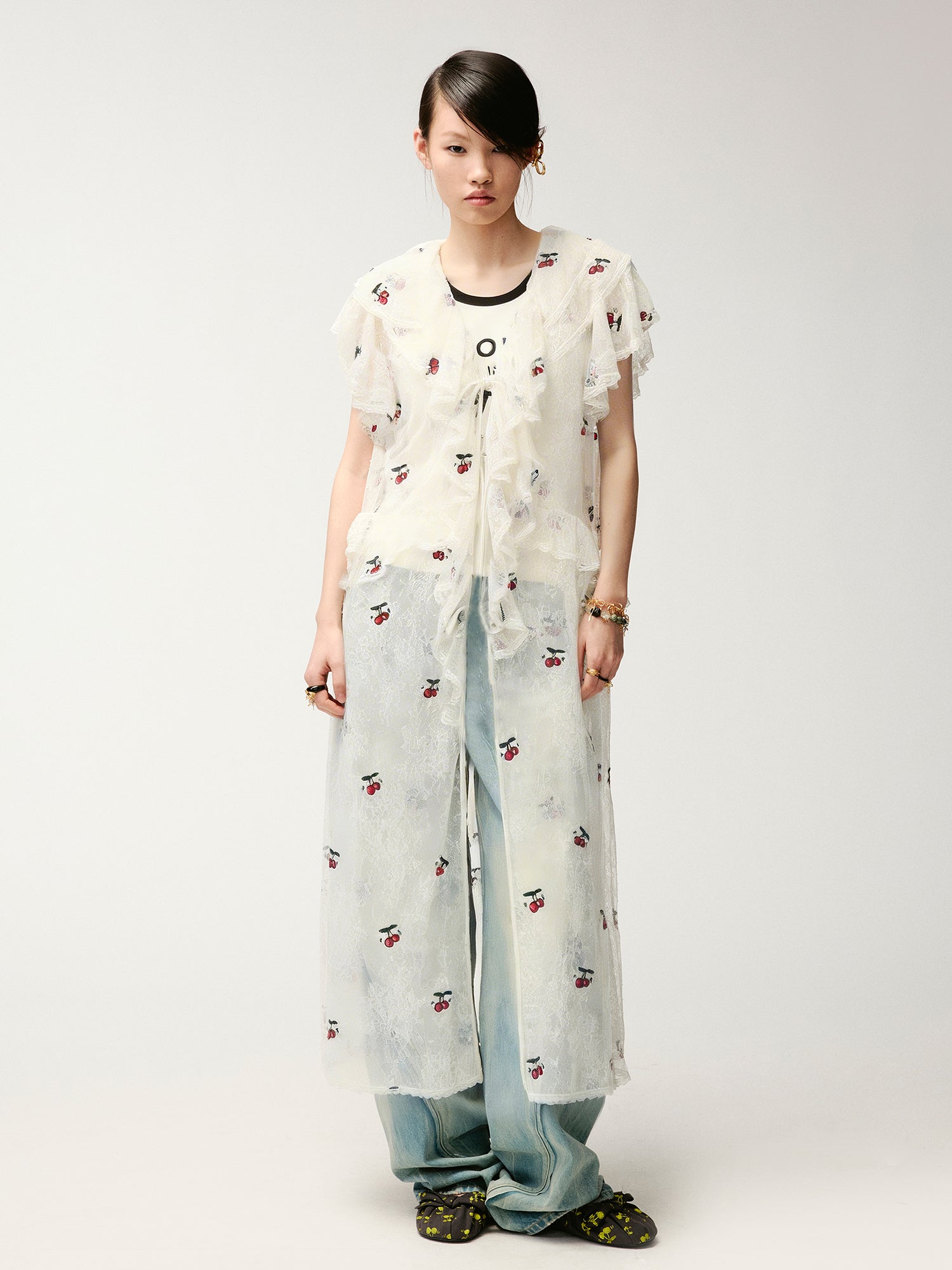 Embroidered dynamic cherry lace tea dress