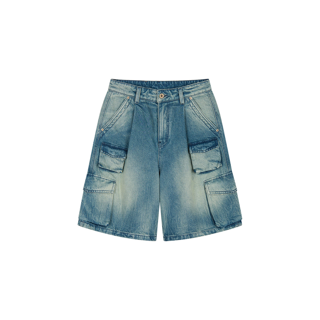 Multi-pocket denim cargo shorts
