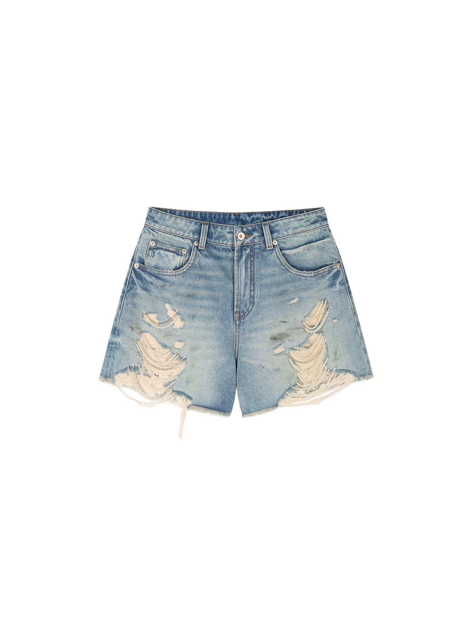 Pearl chain distressed denim shorts