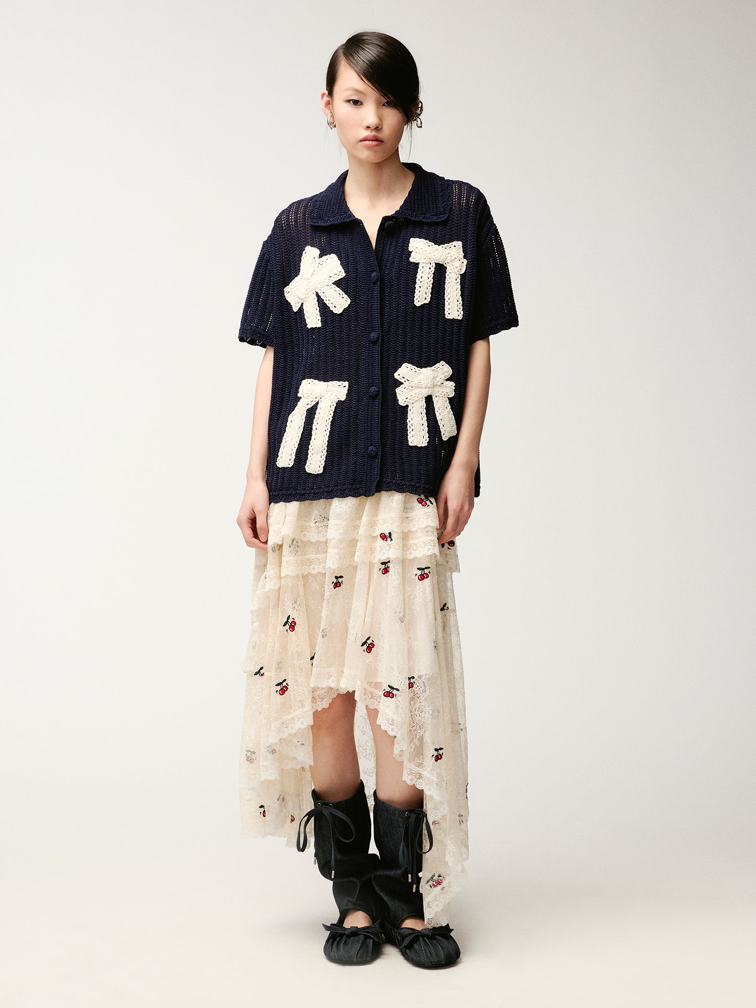 Embroidered dynamic cherry lace tiered skirt