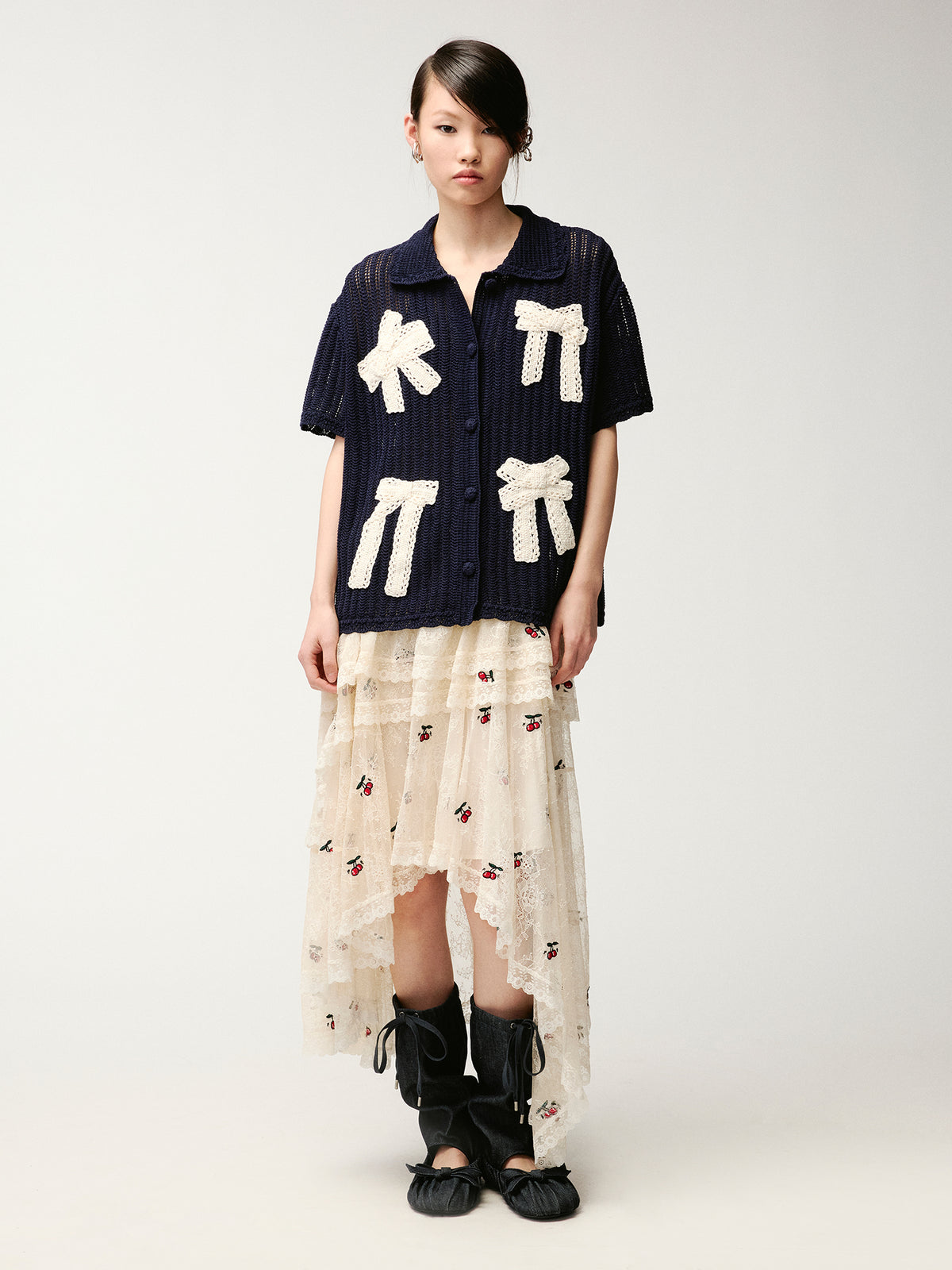 Embroidered sporty cherry lace tiered skirt