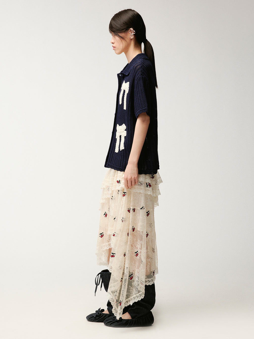 Embroidered sporty cherry lace tiered skirt