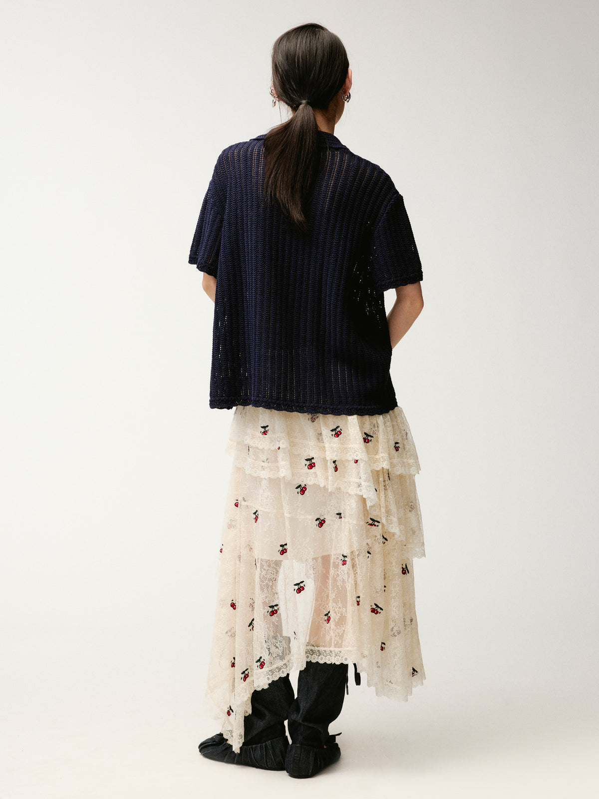 Embroidered sporty cherry lace tiered skirt