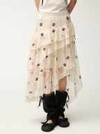 Embroidered sporty cherry lace tiered skirt