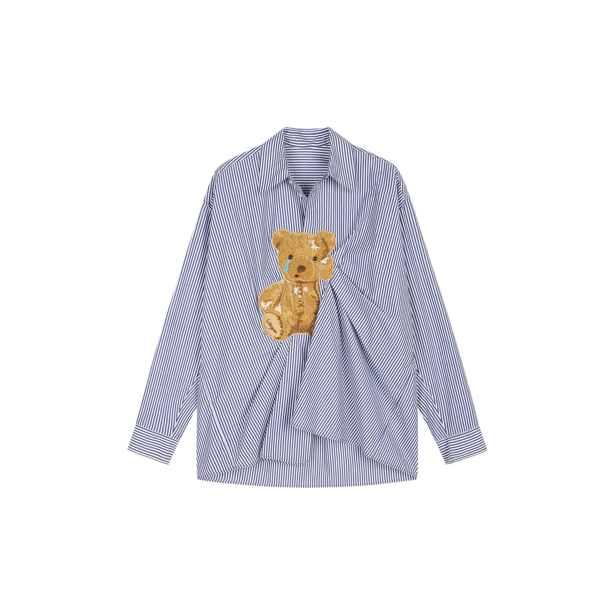 Sad bear jacquard appliqué pintuck shirt