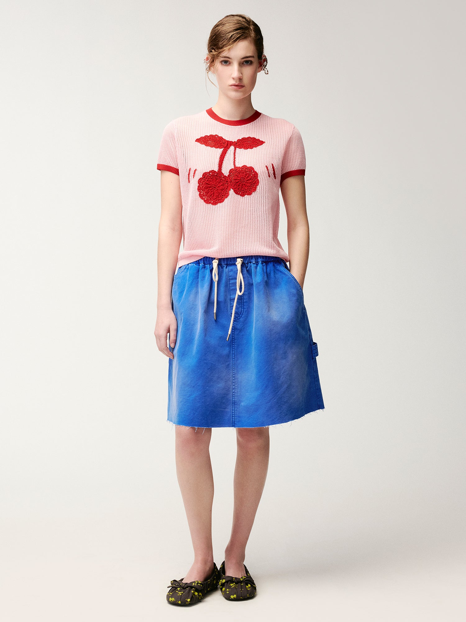 ハンドメイドチェリーモチーフニットTシャツ