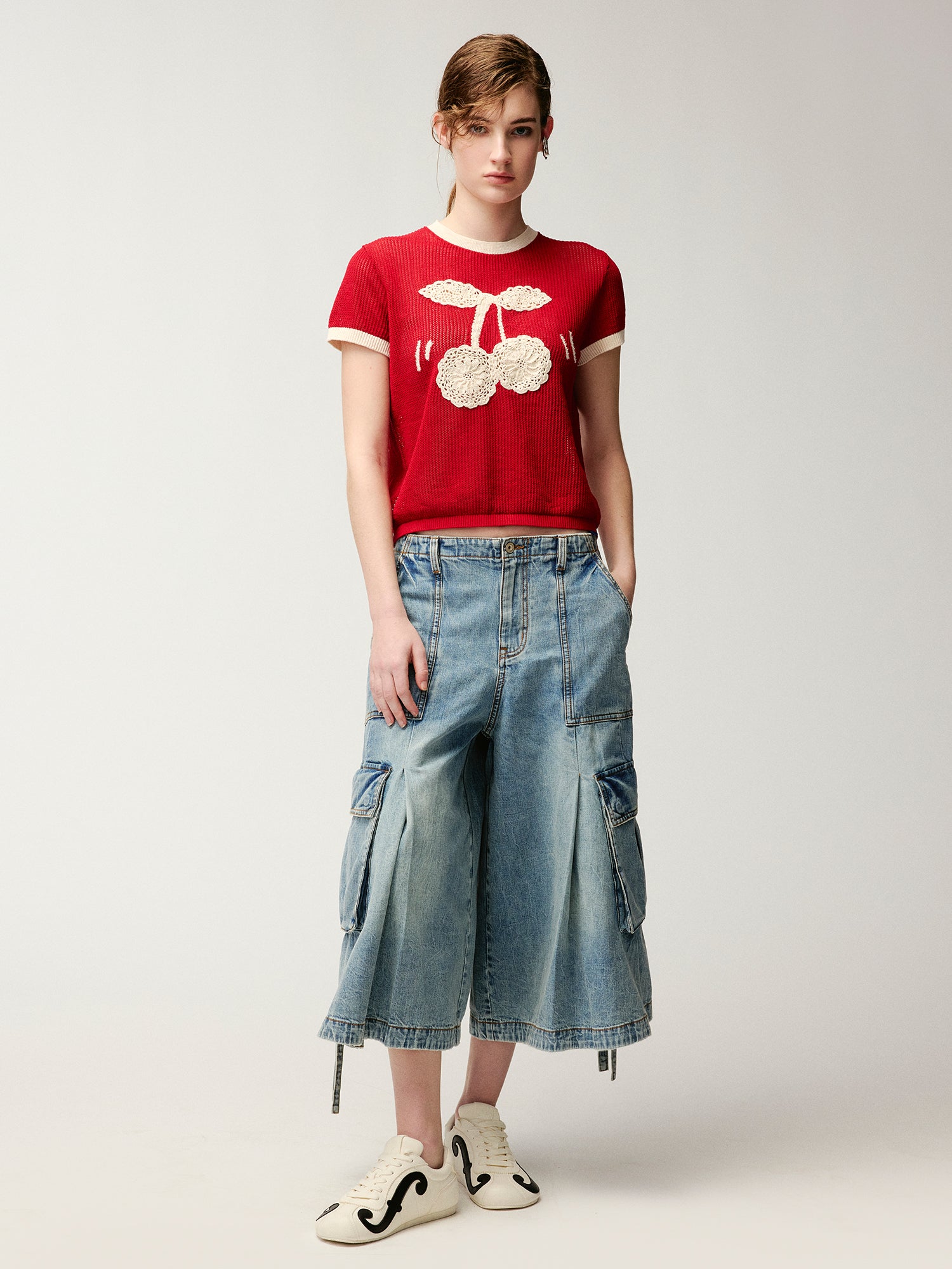 ハンドメイド チェリーモチーフ ニットTシャツ