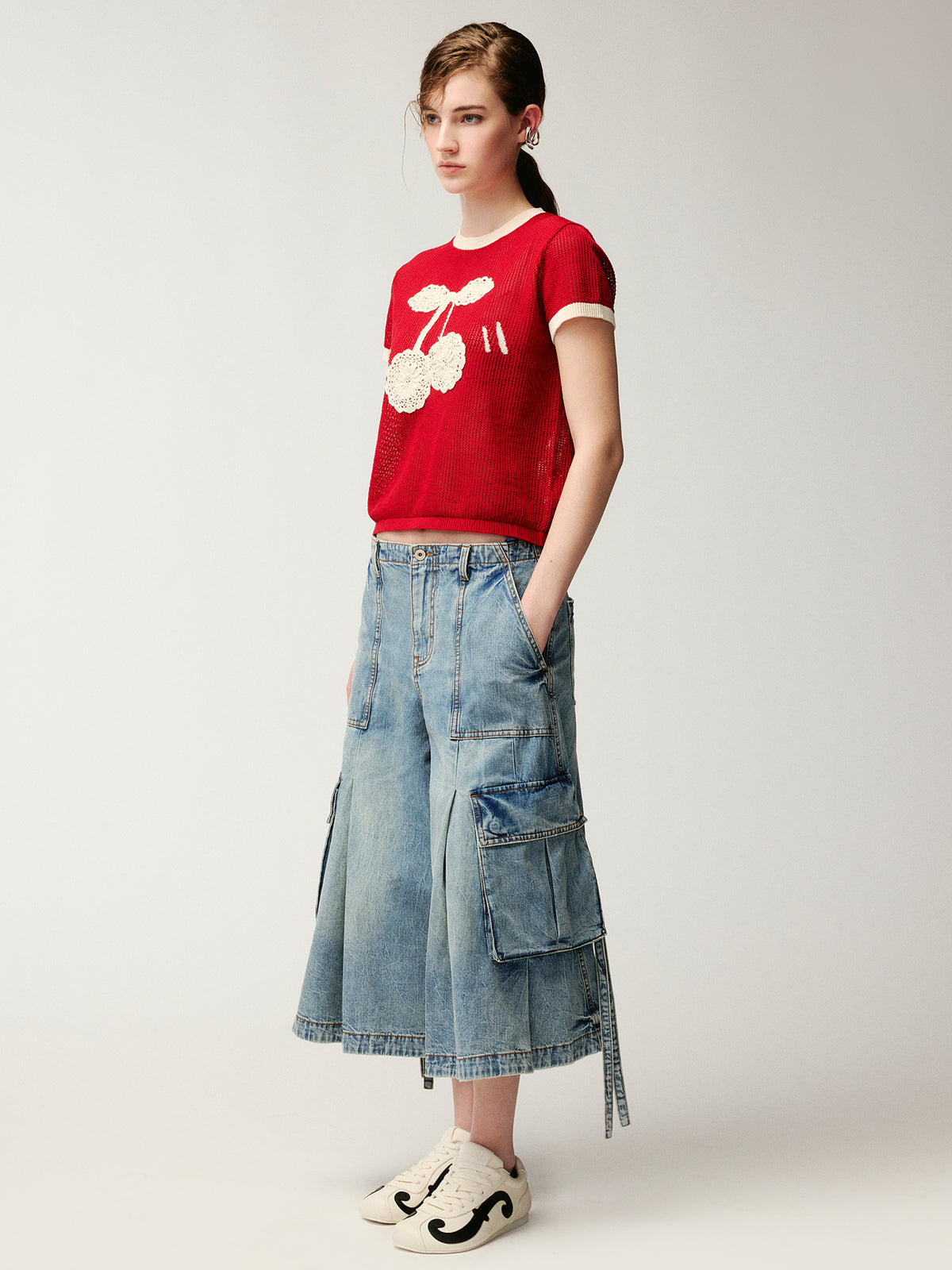 Handmade sporty cherry knit T-shirt