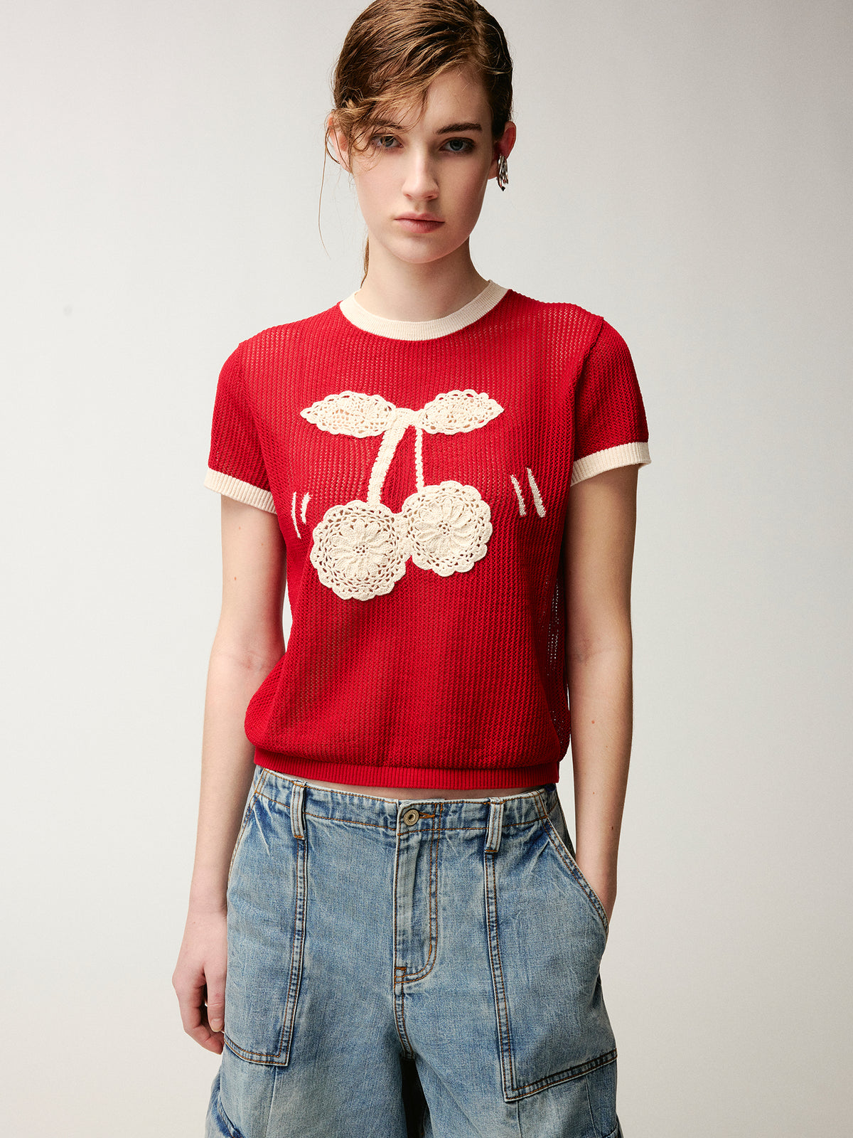 Handmade sporty cherry knit T-shirt