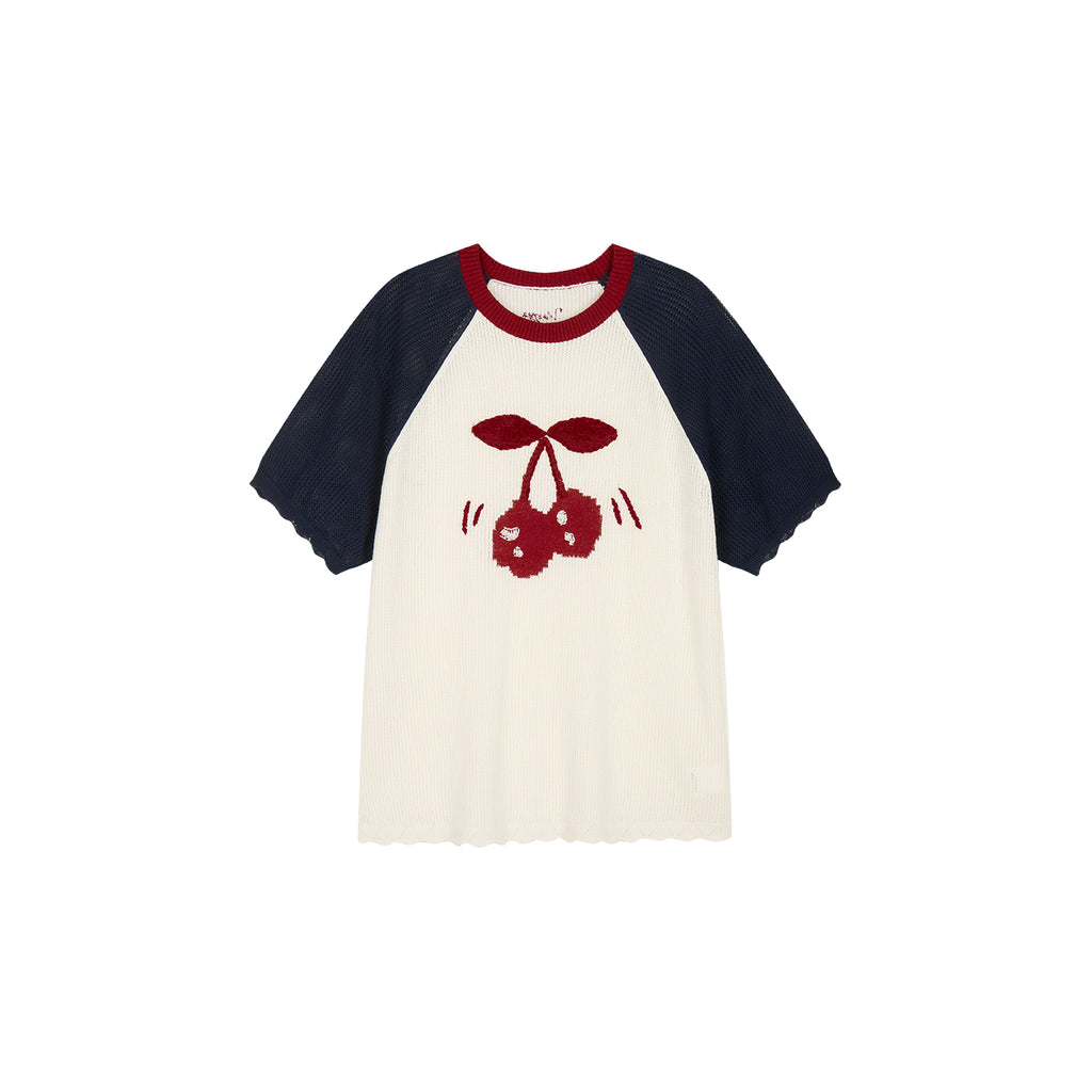 Handmade sporty cherry raglan knit T-shirt