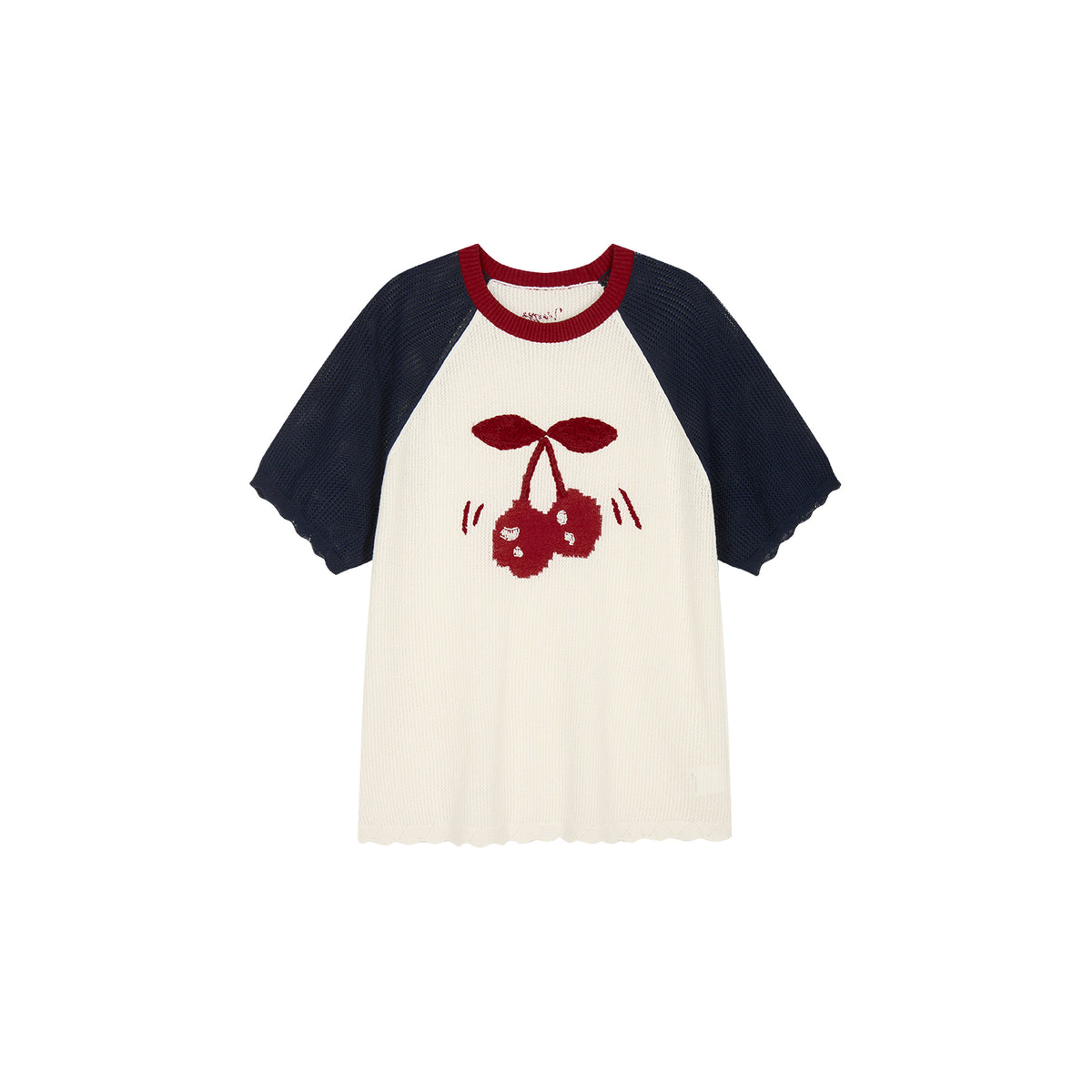 Handmade sporty cherry raglan knit T-shirt