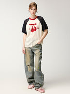 Handmade sporty cherry raglan knit T-shirt