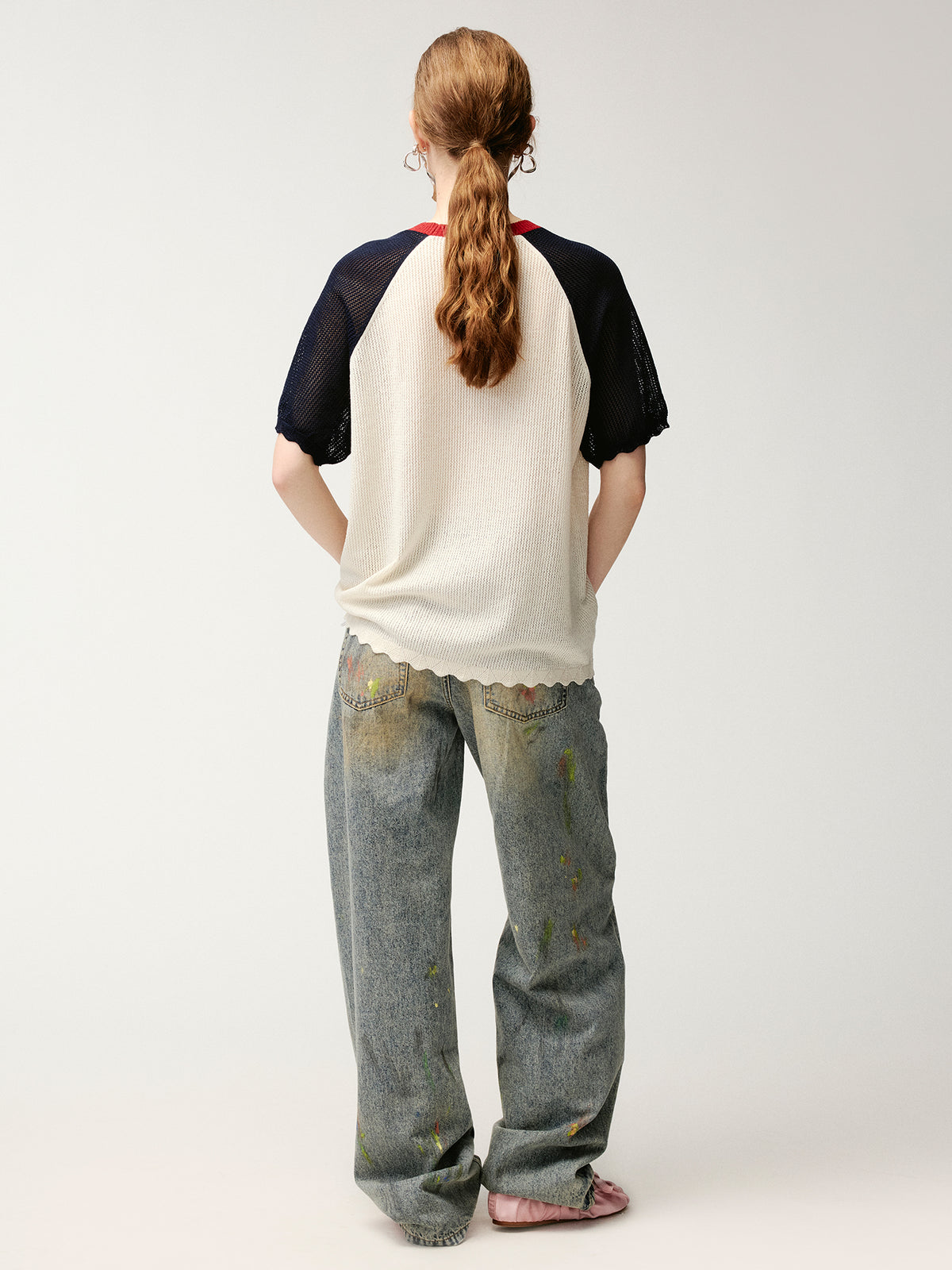 Handmade sporty cherry raglan knit T-shirt