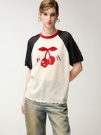 Handmade sporty cherry raglan knit T-shirt
