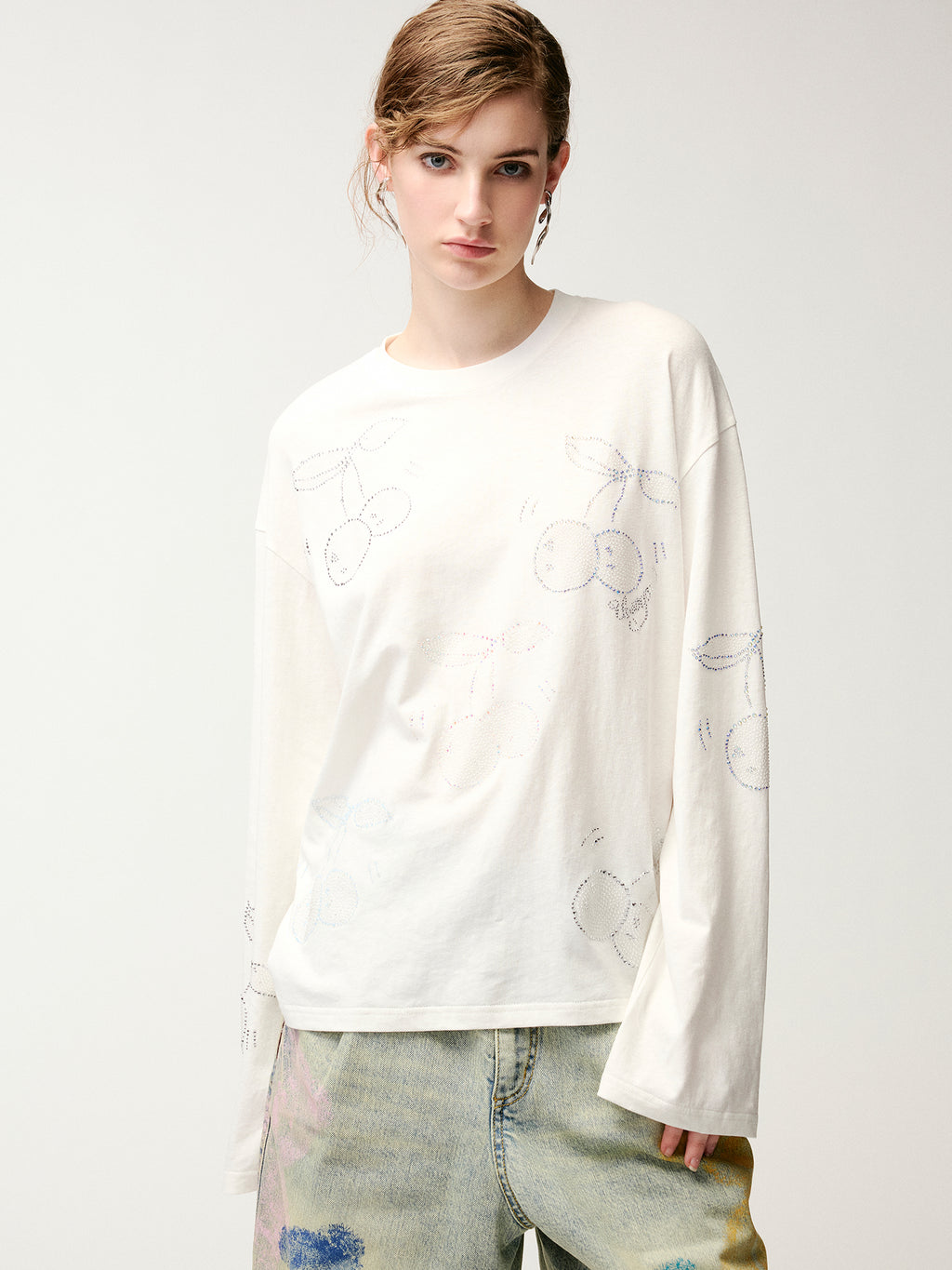 Rhinestone sporty cherry long-sleeve T-shirt