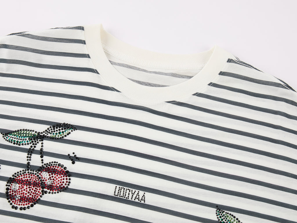 Rhinestone sporty cherry striped sweatshirt