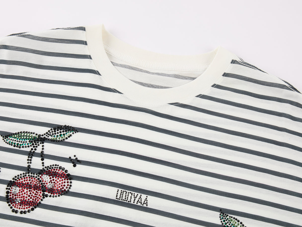 Rhinestone sporty cherry striped sweatshirt