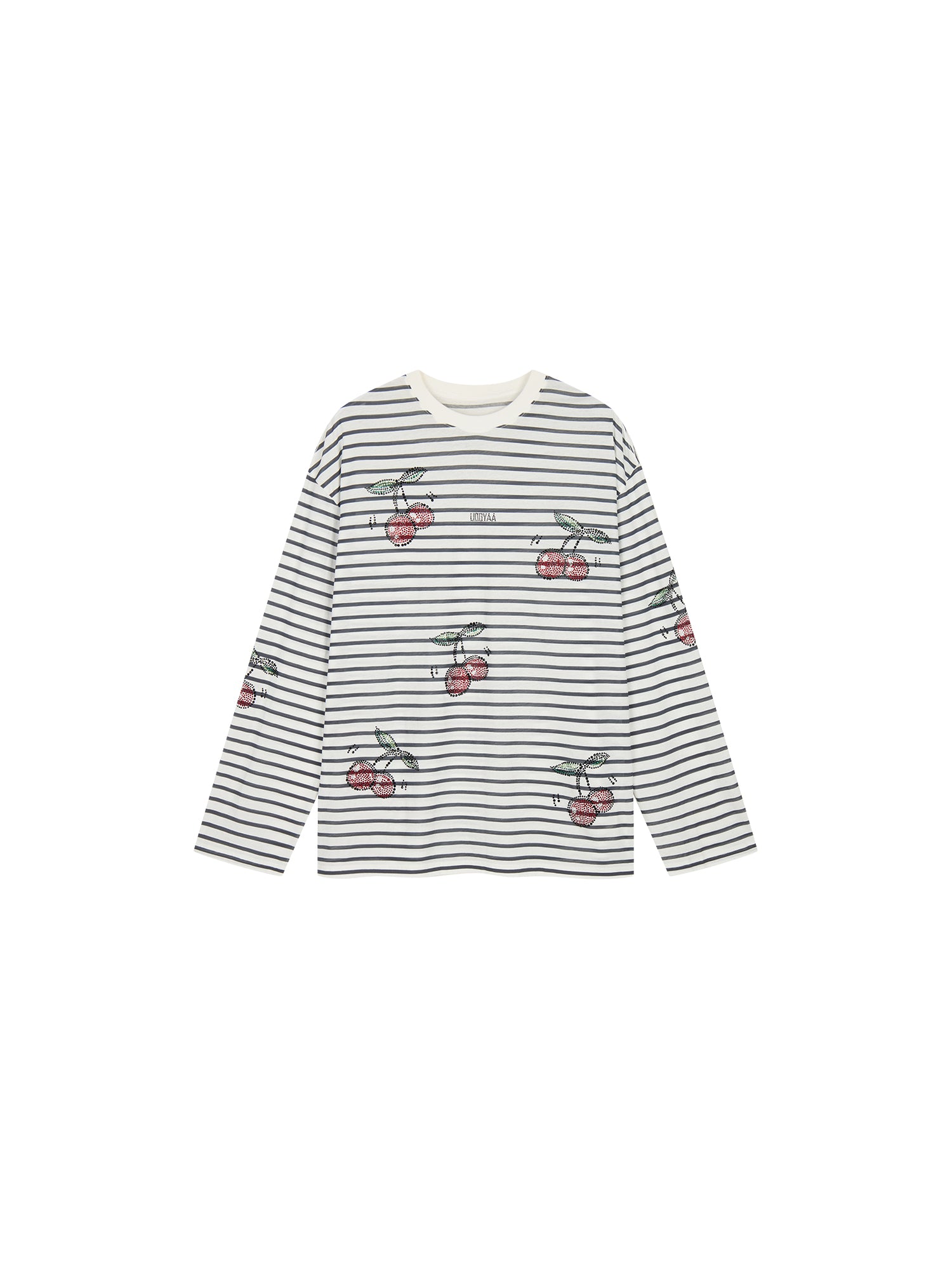 Rhinestone dynamic cherry striped long-sleeve T-shirt