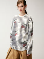 Rhinestone sporty cherry striped sweatshirt